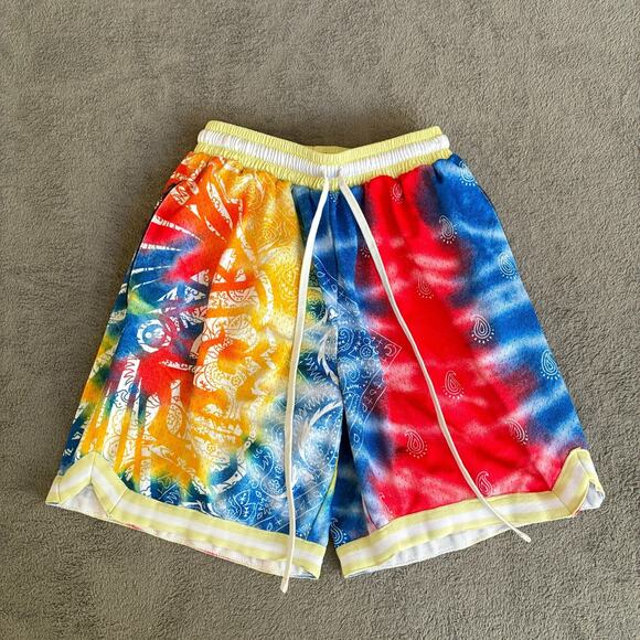 Savs Red Blue Yellow Tie Dye Mesh Shorts Drawstring Streetwear Mens Size M - Picture 1 of 10